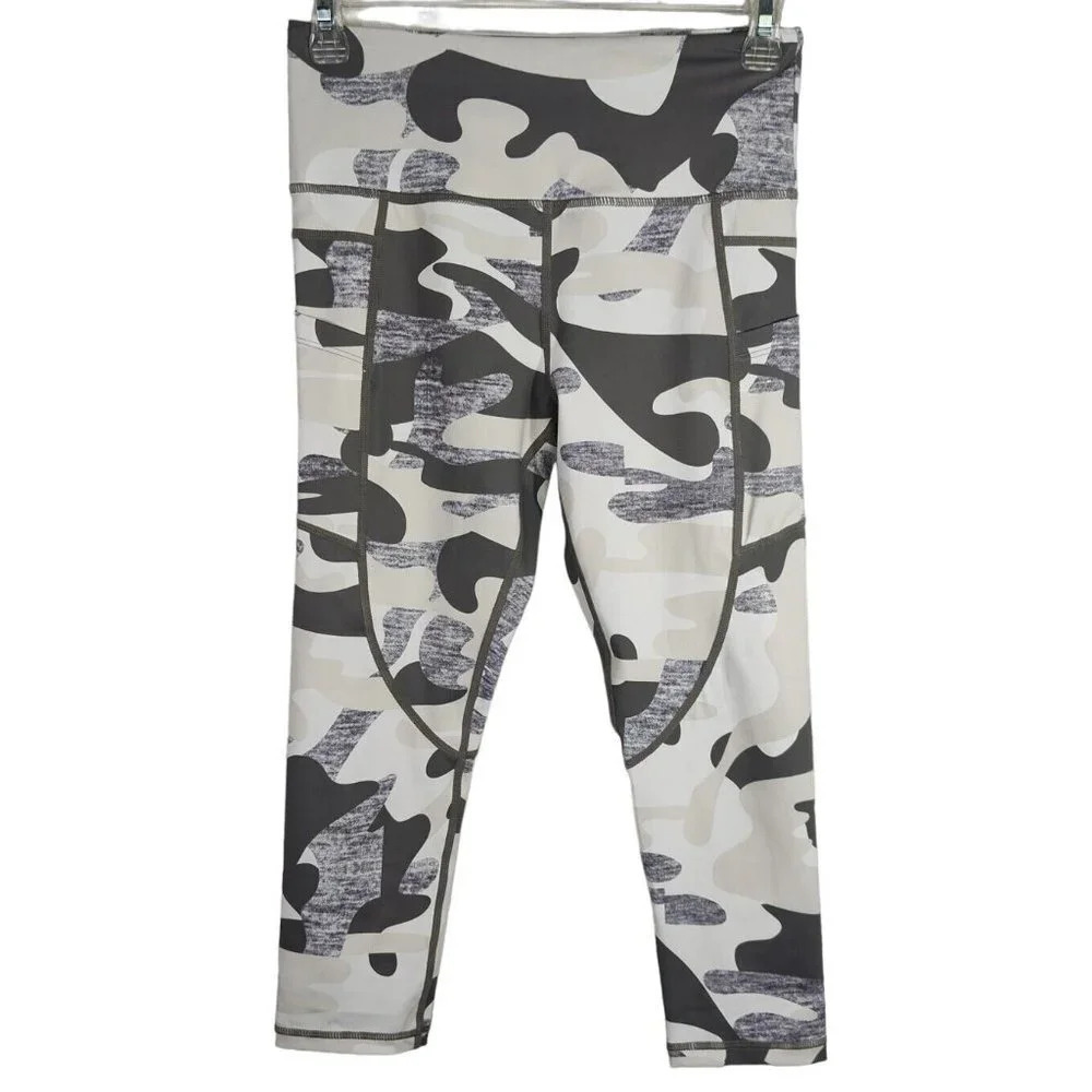 Zyia Camouflage Athletic Cropped Legging Women Size 4 Gray Cream Phone Pocket
